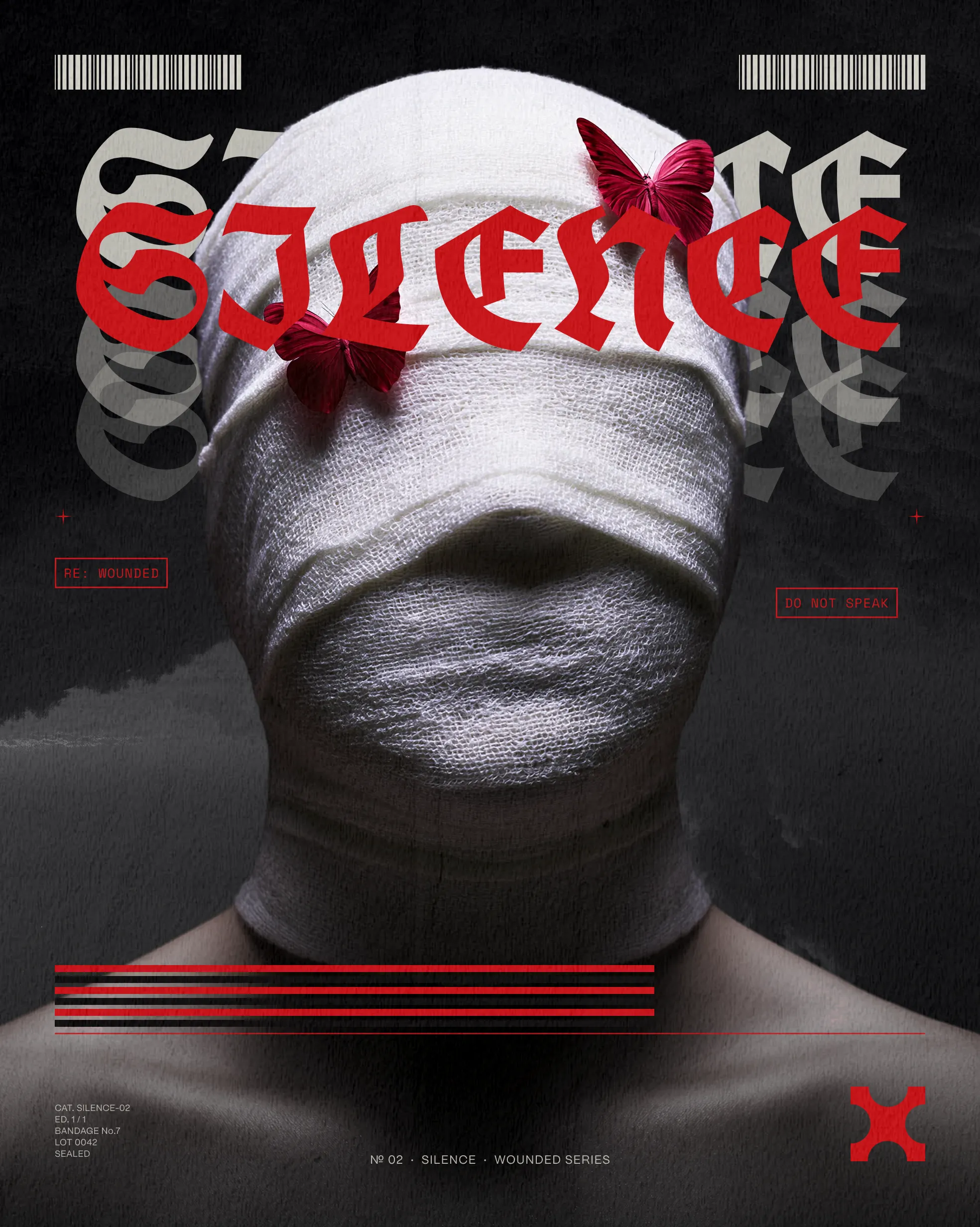 SILENCE poster: a bandaged head with red butterflies, blackletter title bleeding red across the face