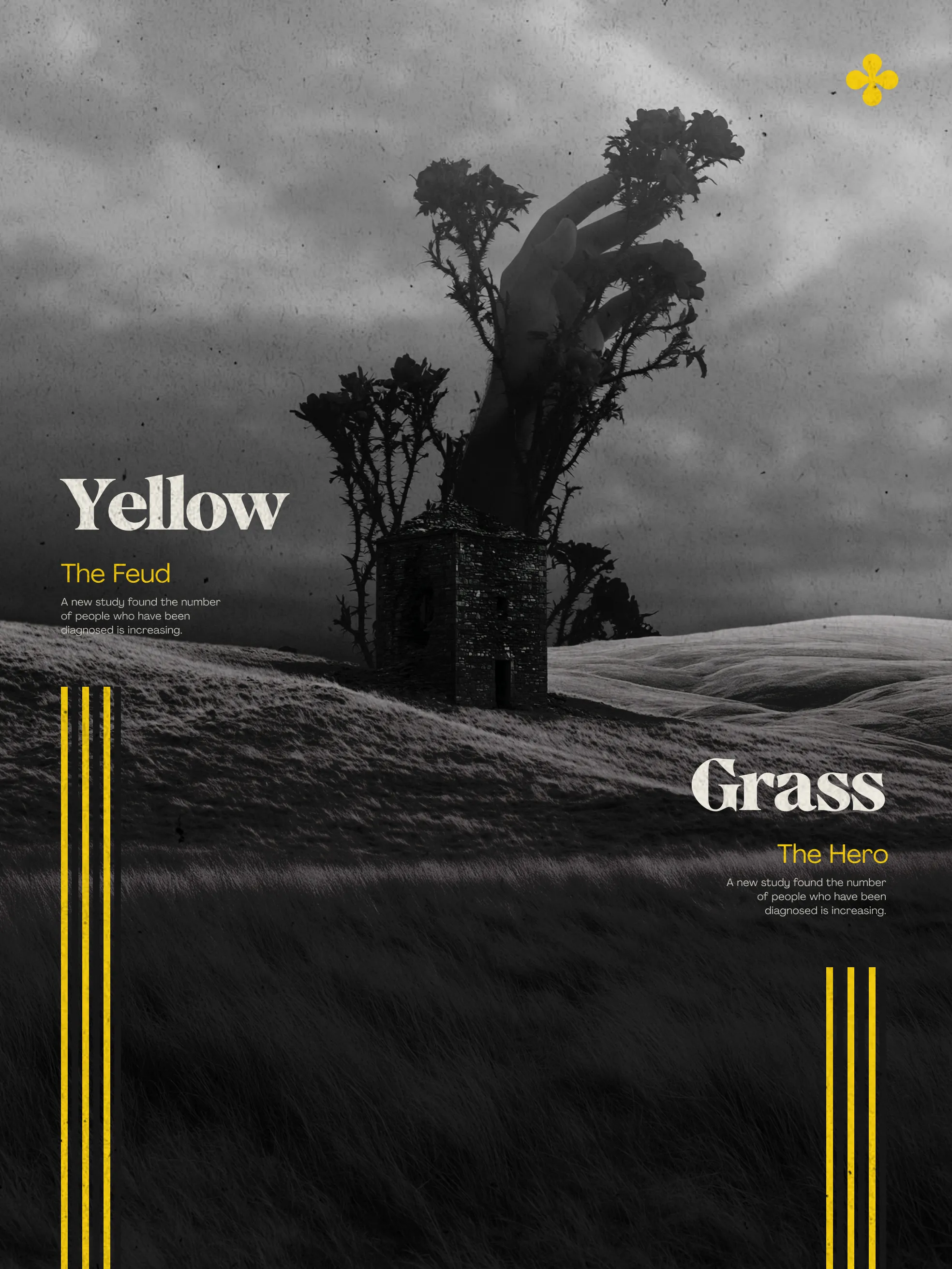 YELLOW GRASS poster: a dead tree and stone ruin on a dark hillside, split serif title in yellow