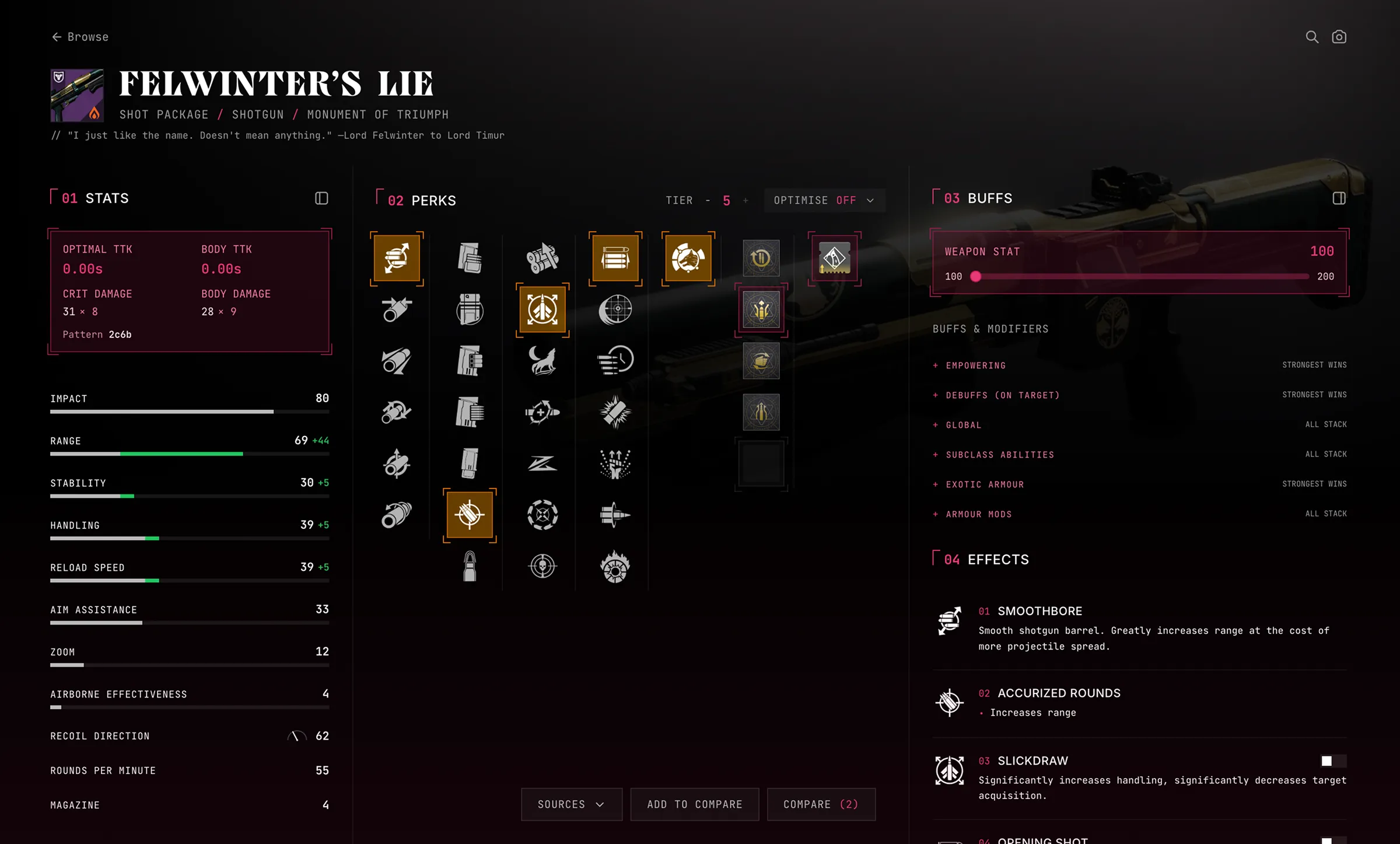 A weapon page with perks selected in the grid, stat bars showing their bonuses, and time-to-kill values beside buffs and effects