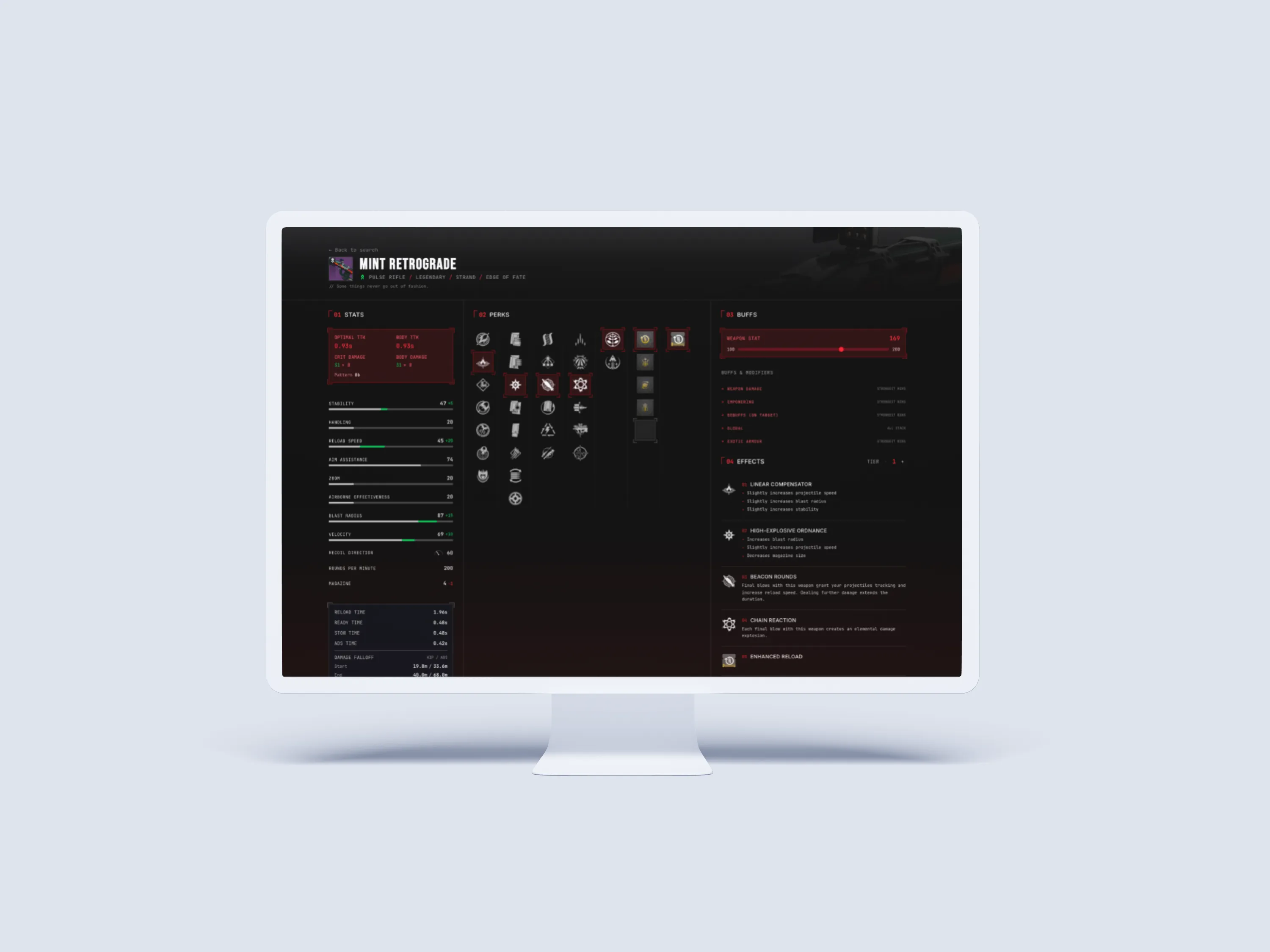 A weapon detail page showing selected perks, stat bars, and time-to-kill values