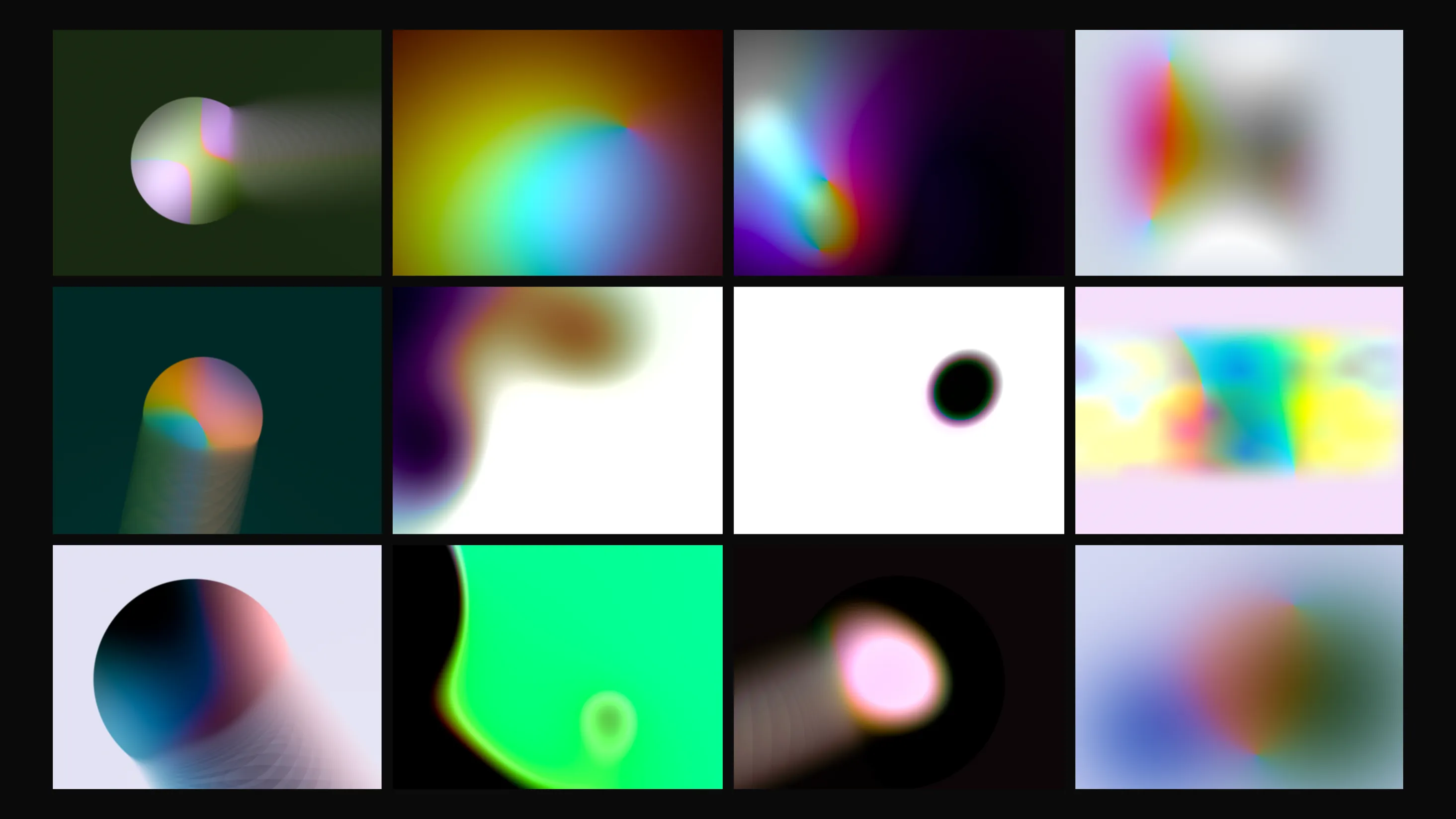 Twelve exported gradients in a grid, from soft blobs and hot radials to angular blends and grainy dithers