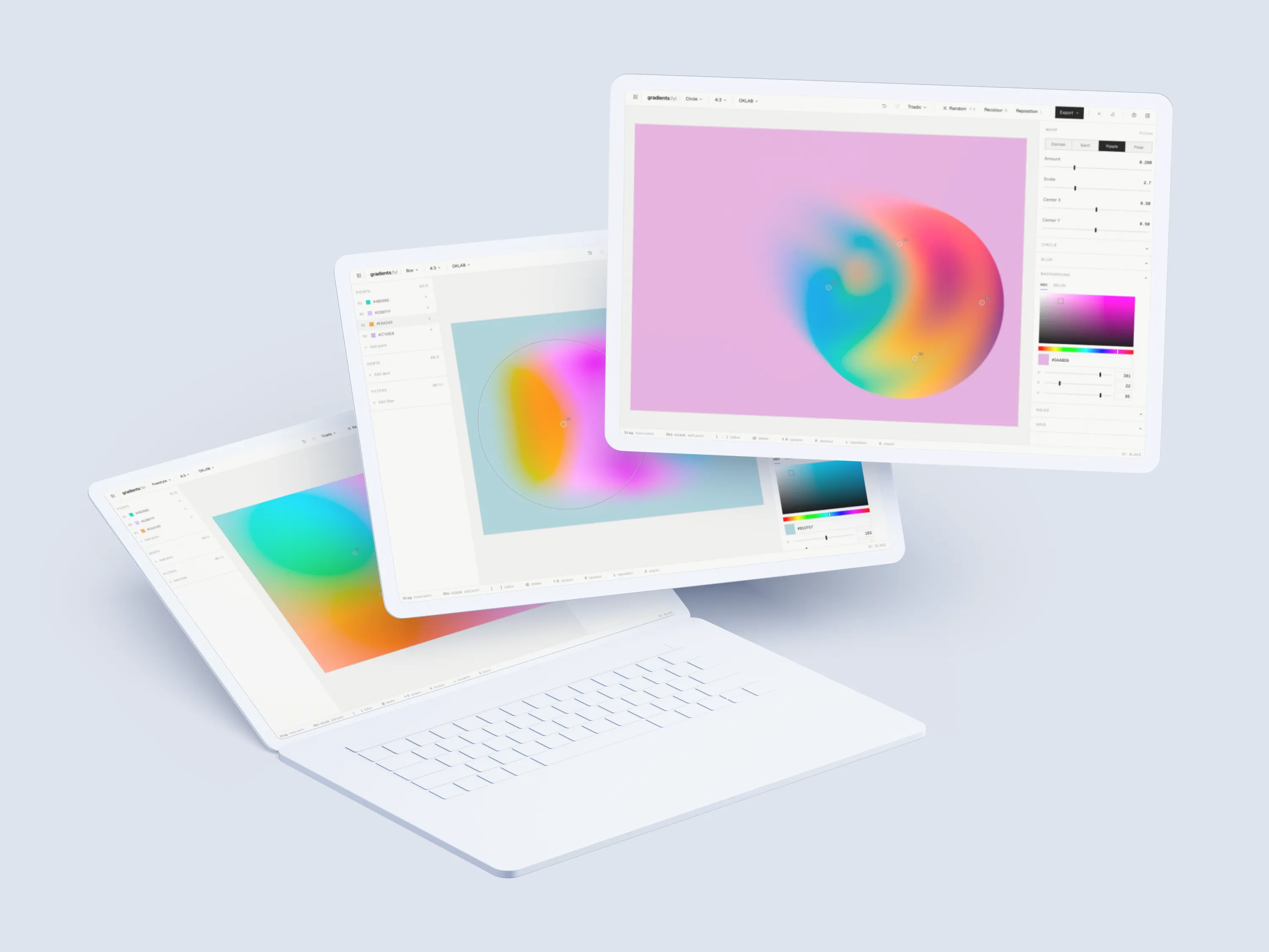 Three devices showing the gradients.fyi editor, a bright mesh gradient on the canvas with the controls panel open on the right