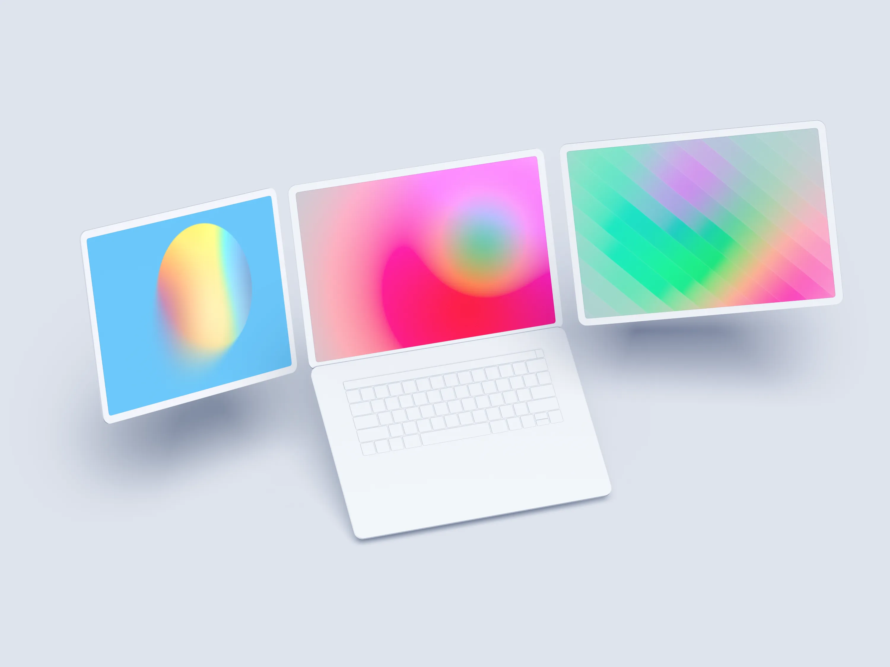 A row of finished gradients beside a laptop, from a soft blue blob to a hot pink radial to a green angular dither