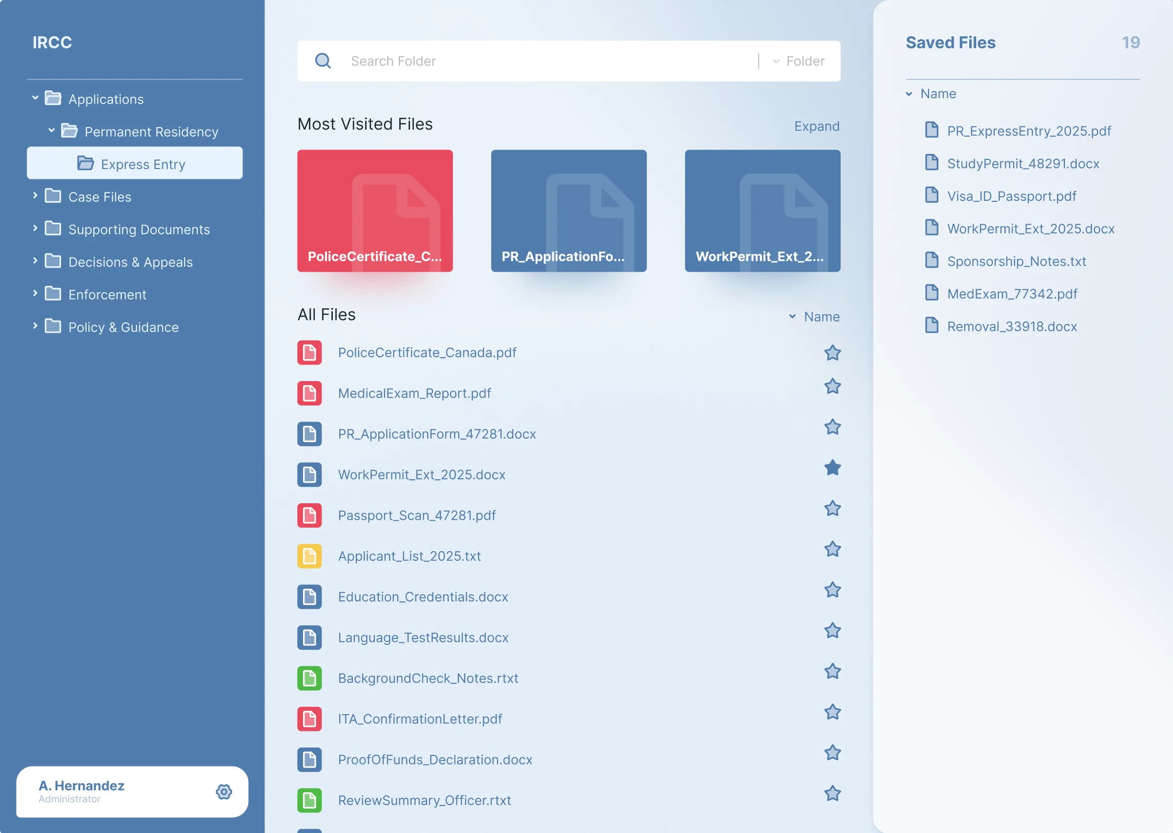 A recreation of the internal tool: folder tree, most-visited files, and a saved-files panel. The real interface cannot be shown