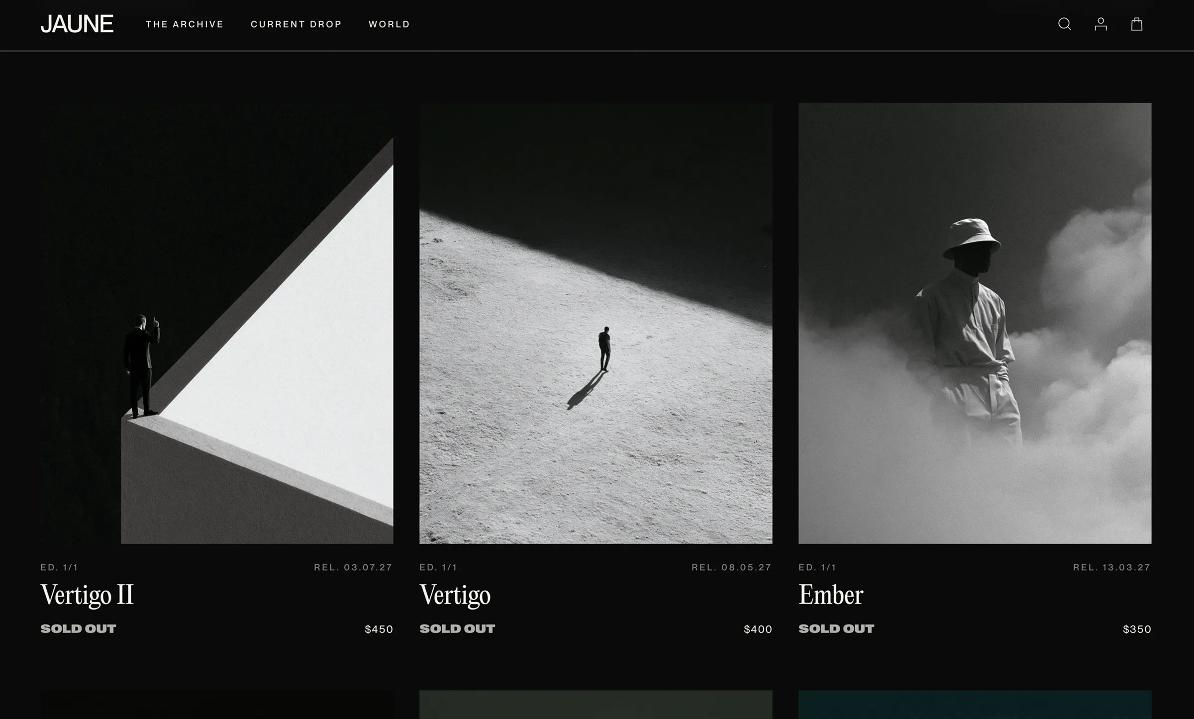 The archive grid, numbered 1/1 editions marked sold out at rising prices