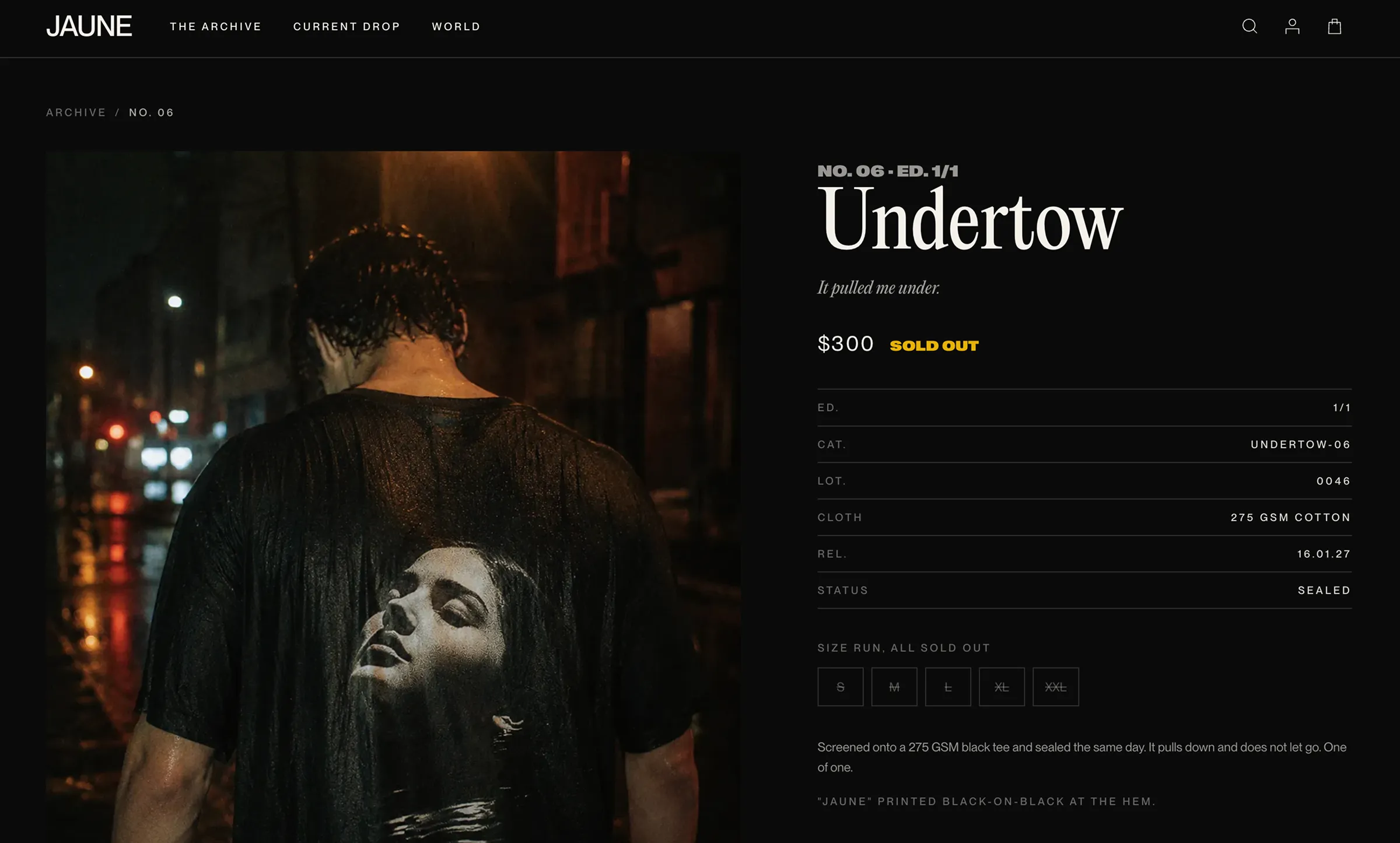 The Undertow product page, edition 1/1, sealed status, a struck-out size run and no way to buy