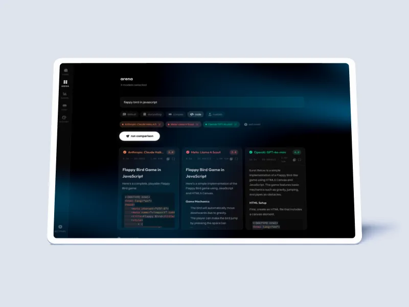 The streaming race view with four models responding simultaneously