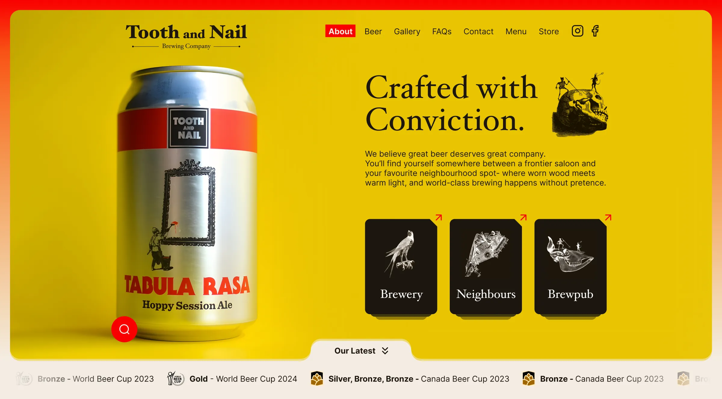 The redesigned homepage: a Tabula Rasa can on bold yellow, Crafted with Conviction headline, and an award strip below