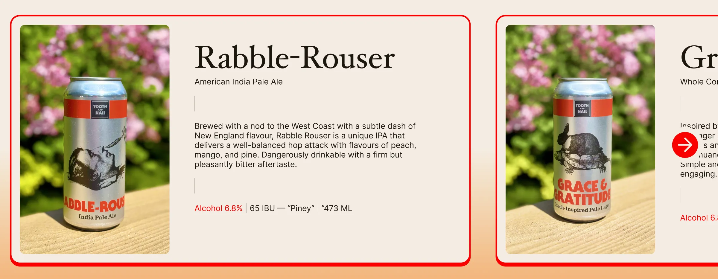 Beer cards with large can photography, tasting notes and visible alcohol, IBU and volume