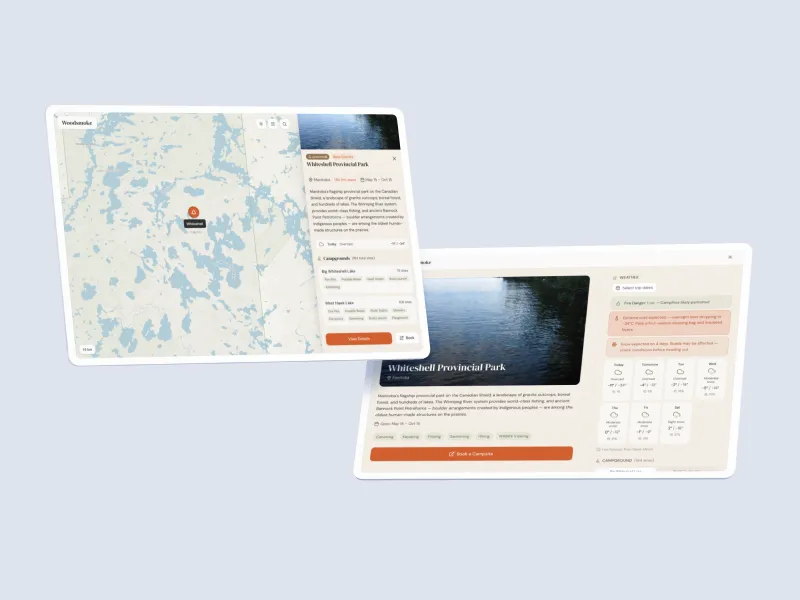Campground detail view showing weather forecast, gear recommendations, and bear activity alerts
