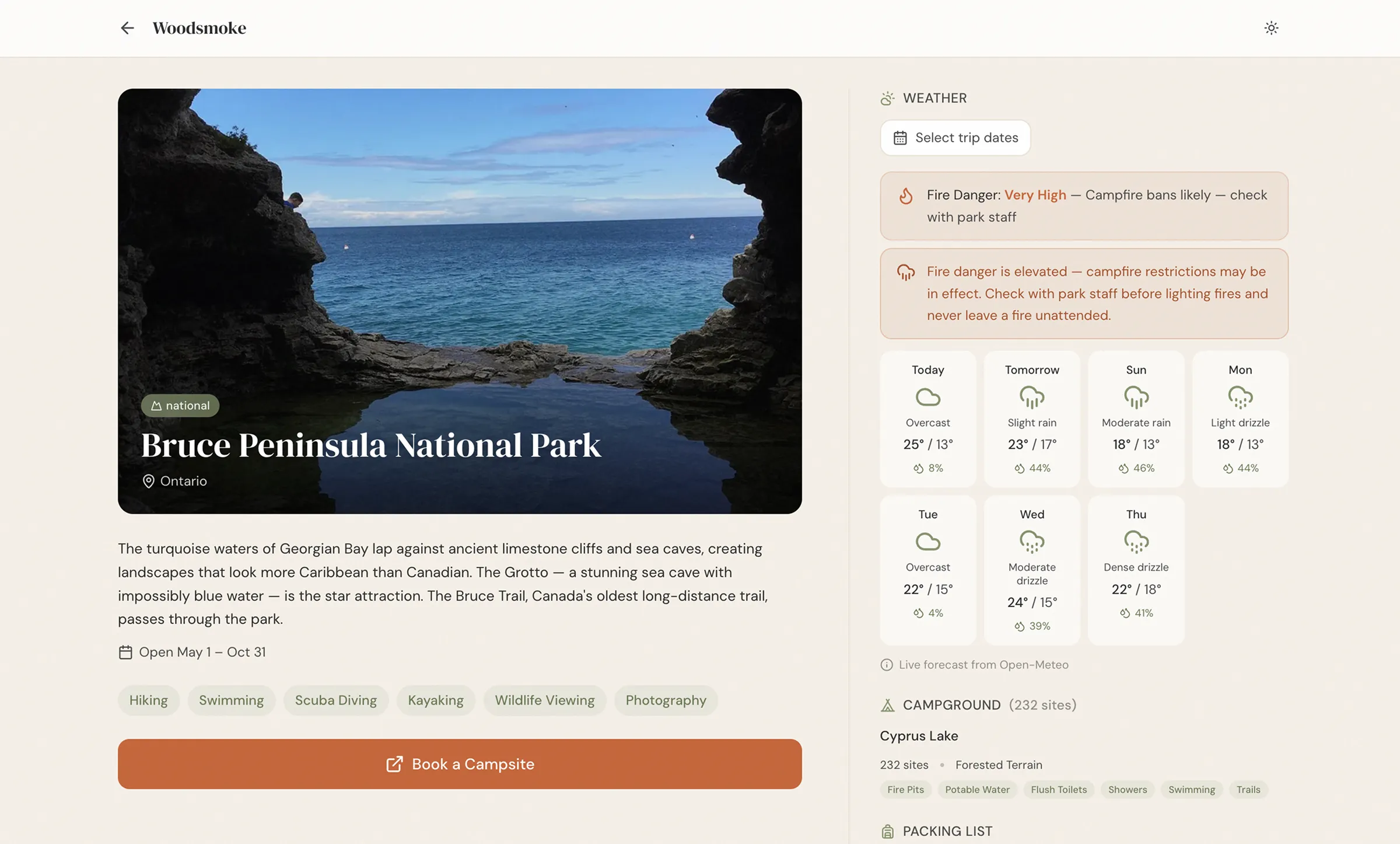 Bruce Peninsula National Park's page: the week's forecast, a very-high fire danger warning, campground details and packing list